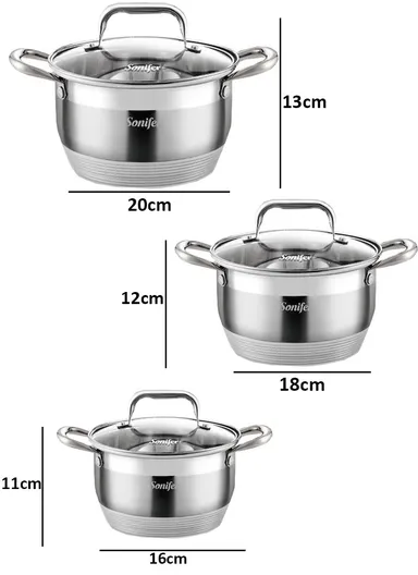 6 Pcs 16/18/20cm 9 Steps Bottom Stainless Steel Cookware Set With 3 Casseroles &amp; 3 Matching Lids SF-1137