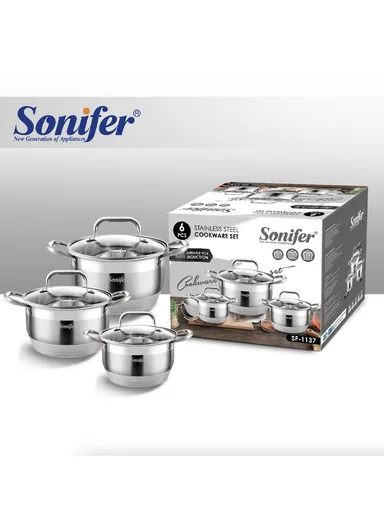 6 Pcs 16/18/20cm 9 Steps Bottom Stainless Steel Cookware Set With 3 Casseroles &amp; 3 Matching Lids SF-1137