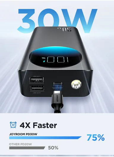 10000mAh 30W Portable Power Bank With USB to Type-C Cable JR-PBF01 (L11 x W6.4 x H2.5)cm - Black