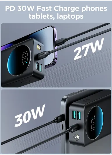 10000mAh 30W Portable Power Bank With USB to Type-C Cable JR-PBF01 (L11 x W6.4 x H2.5)cm - Black