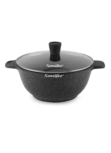 32cm 8.6L Wear-Resistant Non-Stick Granite Casserole with Glass Lid SF-1122-32cm (D32 x H14)cm - Black