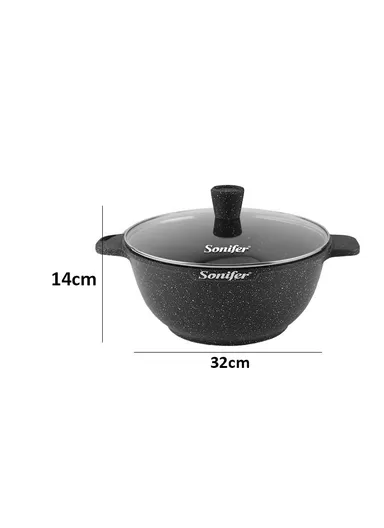 32cm 8.6L Wear-Resistant Non-Stick Granite Casserole with Glass Lid SF-1122-32cm (D32 x H14)cm - Black