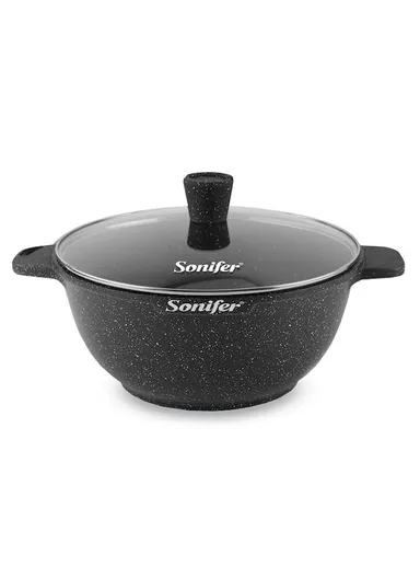 30cm 7.4L Wear-Resistant Non-Stick Granite Casserole with Glass Lid SF-1122-30cm (D30 x H14)cm - Black