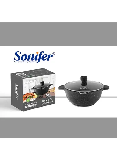 26cm 5.0L Wear-Resistant Non-Stick Granite Casserole With Glass Lid SF-1122-26 - Black