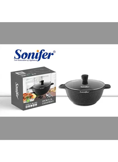 28cm 6.3L Wear-Resistant Non-Stick Granite Casserole with Glass Lid SF-1122-28cm (D28 x H13)cm - Black