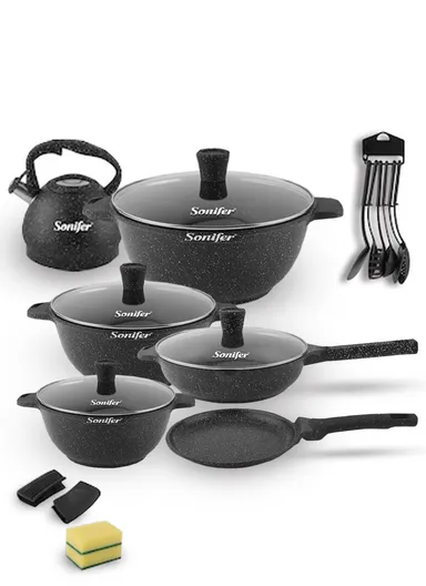 21 Pcs 20/24/30Cm Granite Casserole Set With 28cm Deep Fry Pan, 22cm  Pizza Pan, 3.4L Kettle &amp; plastic Tools SF-1116