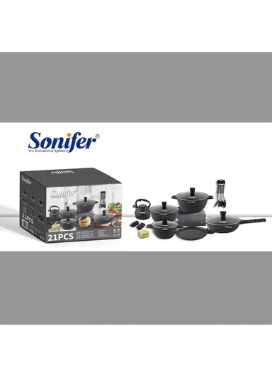 21 Pcs 20/24/30Cm Granite Casserole Set With 28cm Deep Fry Pan, 22cm  Pizza Pan, 3.4L Kettle &amp; plastic Tools SF-1116