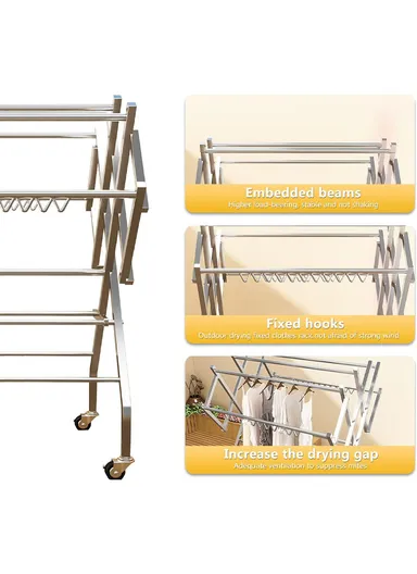 6 Poles Stainless Steel Movable Clothes Drying Rack Multi-Function Hanger Indoor &amp; Outdoor (L160 x W120 x H110)cm