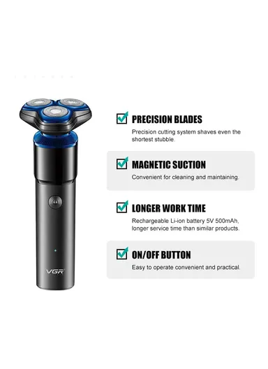 1500mAh 5W ABS Plastic IPX 6 Waterproof Rechargeable Shaving Razor With 3 Floating Heads Double Stainless Steel Blades V-325 (L16 x W6 x H6)cm