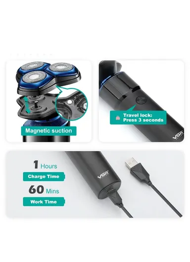 1500mAh 5W ABS Plastic IPX 6 Waterproof Rechargeable Shaving Razor With 3 Floating Heads Double Stainless Steel Blades V-325 (L16 x W6 x H6)cm