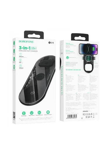 15W 3 in 1 Poweful Wireless Fast Charger BQ19 (L8 x W20 x H1)cm - Black
