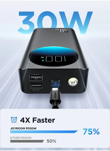 30000mAh 30W Portable Power Bank With USB to Type-C Cable JR-PBF03 (L11 x W6.4 x H2.5)cm - Black