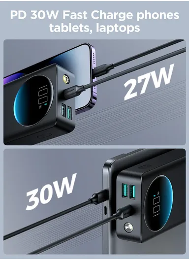 30000mAh 30W Portable Power Bank With USB to Type-C Cable JR-PBF03 (L11 x W6.4 x H2.5)cm - Black