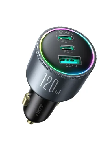 120W 3-Port Dual PD Type-C + USB-A QC3.0 Fireproof Car Charger JR-CCN07 - Dark Grey
