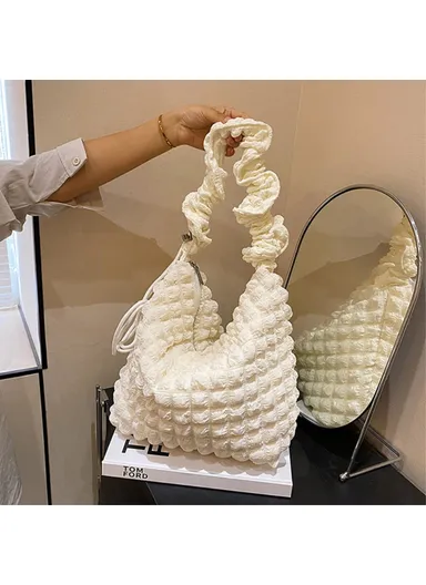 Bubble Cloud Shape Polyester Crumple Shoulder Crossbody Bag Shopping Handbag Daypack - White