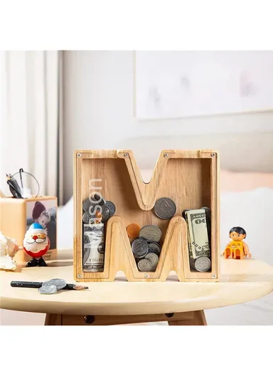 Wooden Piggy Bank Alphabet A-Z Letter Storage Tank Money Saver Coin Box Decoration (W16 x D2.8 x H18)cm- E