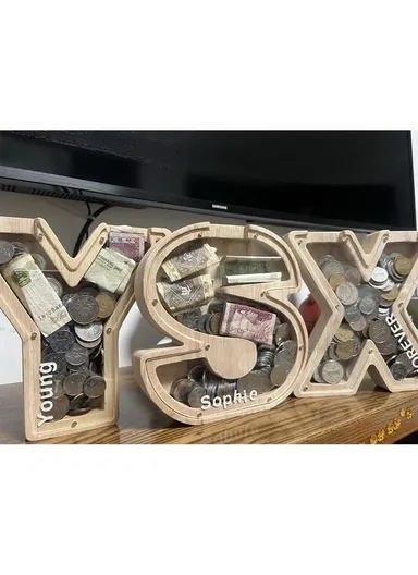 Wooden Piggy Bank Alphabet A-Z Letter Storage Tank Money Saver Coin Box Decoration (W16 x D2.8 x H18)cm- E
