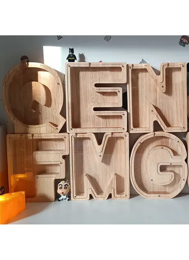 Wooden Piggy Bank Alphabet A-Z Letter Storage Tank Money Saver Coin Box Decoration (W12 x D2.8 x H18)cm - I