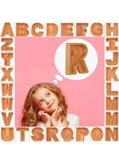 Wooden Piggy Bank Alphabet A-Z Letter Storage Tank Money Saver Coin Box Decoration (W18 x D2.8 x H18)cm - Q