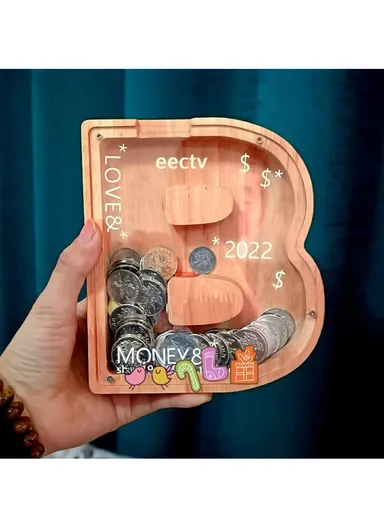 Wooden Piggy Bank Alphabet A-Z Letter Storage Tank Money Saver Coin Box Decoration (W18 x D2.8 x H18)cm - Q