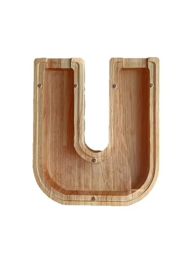 Wooden Piggy Bank Alphabet A-Z Letter Storage Tank Money Saver Coin Box Decoration (W18.5 x D2.8 x H18)cm - U