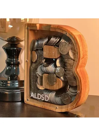 Wooden Piggy Bank Alphabet A-Z Letter Storage Tank Money Saver Coin Box Decoration (W18.5 x D2.8 x H18)cm - U