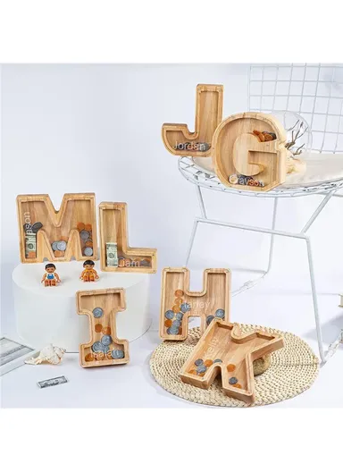 Wooden Piggy Bank Alphabet A-Z Letter Storage Tank Money Saver Coin Box Decoration (W18.5 x D2.8 x H18)cm - U