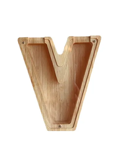 Wooden Piggy Bank Alphabet A-Z Letter Storage Tank Money Saver Coin Box Decoration (W20 x D2.8 x H18)cm - V