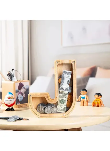 Wooden Piggy Bank Alphabet A-Z Letter Storage Tank Money Saver Coin Box Decoration (W20 x D2.8 x H18)cm - V