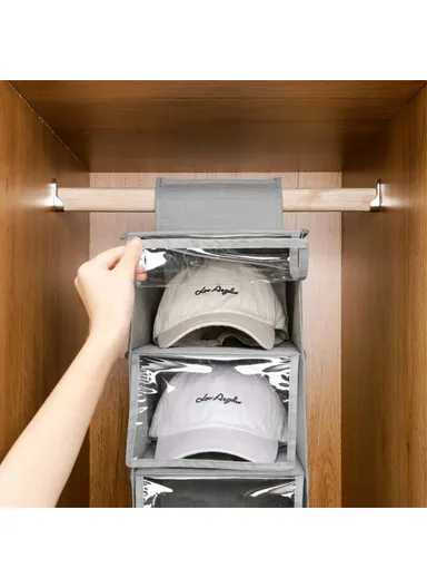 Clear Lid Design 10 Layer Hat Storage Bag Non-woven Wardrobe Hanging Organizer 6312 (W23 x D30 x H150)cm - Black