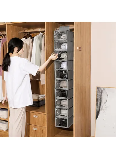 Clear Lid Design 10 Layer Hat Storage Bag Non-woven Wardrobe Hanging Organizer 6312 (W23 x D30 x H150)cm - Black