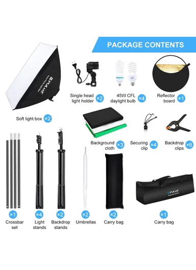 Photography Lighting Kit, Softbox, Reflector Board, Background Cloth &amp; Light Stand