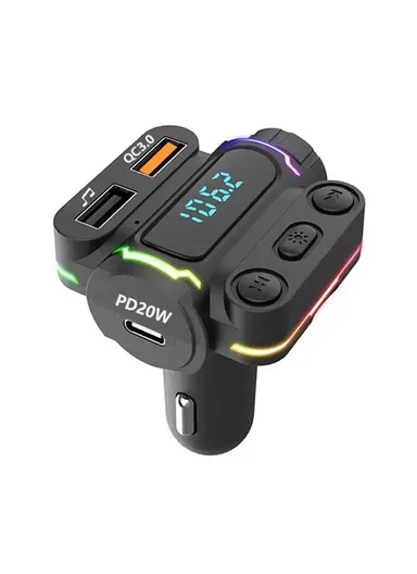 20W ABS Bluetooth FM Transmitter Hands-free Call Car MP3 Player Dual USB + Type-C Car Charger (L5.5 x W5 x H8)cm