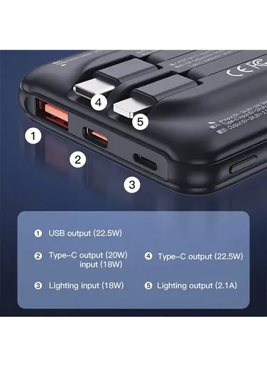 20000mAh Portable Power Bank Phone Charger External Battery with Built-in Type-C &amp; Lightning Cable CPBL-10- Black