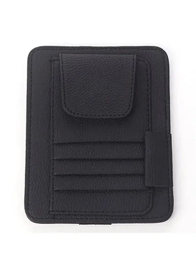 Car Sun Visor Storage Bag Litchi Texture PU Leather Cards Bills Glasses Holder (L15.8 x W12.4)cm - Black