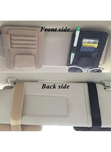 Car Sun Visor Storage Bag Litchi Texture PU Leather Cards Bills Glasses Holder (L15.8 x W12.4)cm - Black