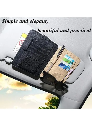 Car Sun Visor Storage Bag Litchi Texture PU Leather Cards Bills Glasses Holder (L15.8 x W12.4)cm - Black
