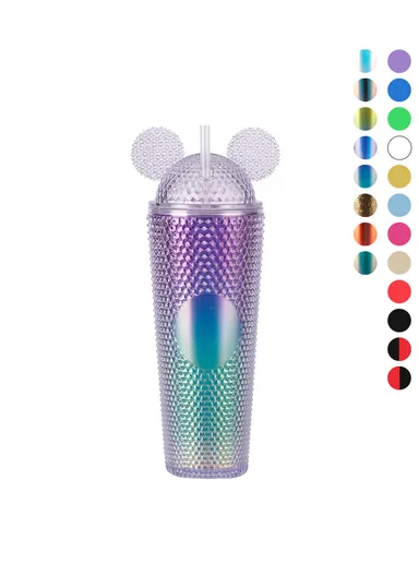 710ml Simple Studded Tumbler With Lid &amp; Straw Double Wall Iced Coffee Cups Lightweight Juice Cup BPA-Free 