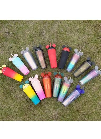 710ml Simple Studded Tumbler With Lid &amp; Straw Double Wall Iced Coffee Cups Lightweight Juice Cup BPA-Free 