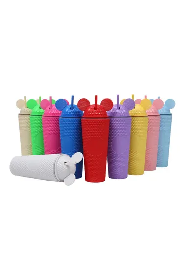 710ml Simple Studded Tumbler With Lid &amp; Straw Double Wall Iced Coffee Cups Lightweight Juice Cup BPA-Free 