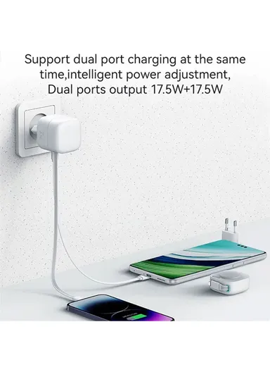 35W GaN Wall Charger Dual USB-C Fast Charger with iP Magnetic Retractable Cable Module US-CC209 PD EU Plug - White