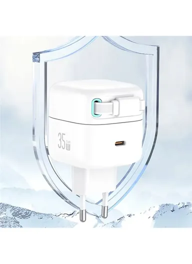 35W GaN Wall Charger Dual USB-C Fast Charger with iP Magnetic Retractable Cable Module US-CC209 PD EU Plug - White