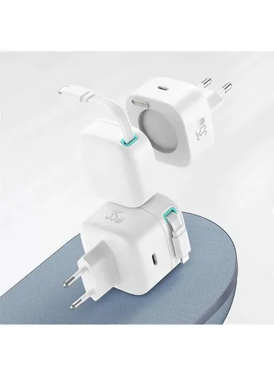35W GaN Wall Charger Dual USB-C Fast Charger with iP Magnetic Retractable Cable Module US-CC209 PD EU Plug - White