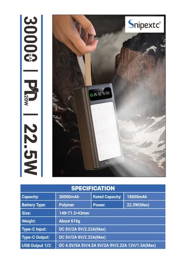 30000mAh 22.5W Portable Super Fast Charging Power Bank PD 20W, 4 USB, Ip &amp; Micro Ports with 4 Modes of Lighting, Digital Display, Camping Light &amp; Lanyard PB30C