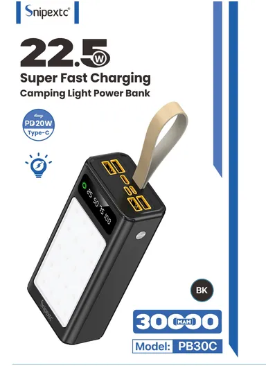 30000mAh 22.5W Portable Super Fast Charging Power Bank PD 20W, 4 USB, Ip &amp; Micro Ports with 4 Modes of Lighting, Digital Display, Camping Light &amp; Lanyard PB30C