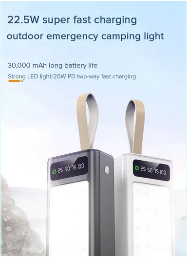 30000mAh 22.5W Portable Super Fast Charging Power Bank PD 20W, 4 USB, Ip &amp; Micro Ports with 4 Modes of Lighting, Digital Display, Camping Light &amp; Lanyard PB30C