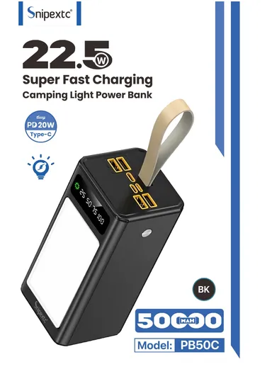 50000mAh 22.5W Portable Super Fast Charging Power Bank PD 22.5W &amp; 4 USB with Digital Display &amp; Cammping Light PB50C