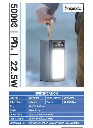 50000mAh 22.5W Portable Super Fast Charging Power Bank PD 22.5W &amp; 4 USB with Digital Display &amp; Cammping Light PB50C