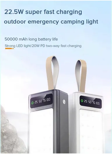 50000mAh 22.5W Portable Super Fast Charging Power Bank PD 22.5W &amp; 4 USB with Digital Display &amp; Cammping Light PB50C