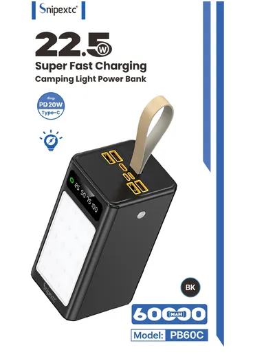 60000mAh 22.5W Portable Super Fast Charging Power Bank PD 22.5W With 4 USB, Type-C, Micro, Lightning Ports, Digital Display &amp; Camping Light PB60C